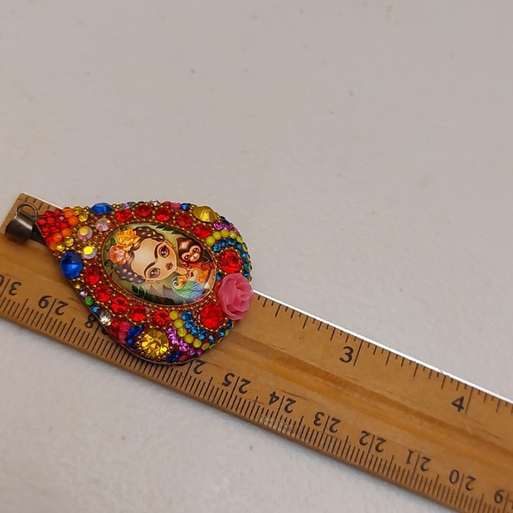 Frida Kahlo Inspired Vibrant Multicolor Crystal Paved Sterling Silver Pendant - Picture 6 of 10